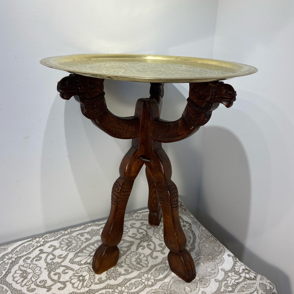 Brass Tea Table With Wood Carved Camel Heads Tri Leg Stand